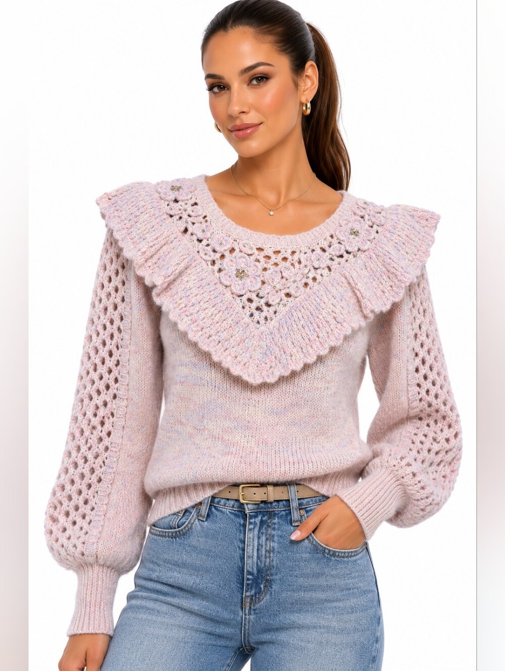 LoveShackFancy Luellan Sweater Medium M NWT Floral Sequin Knit Lilac $445